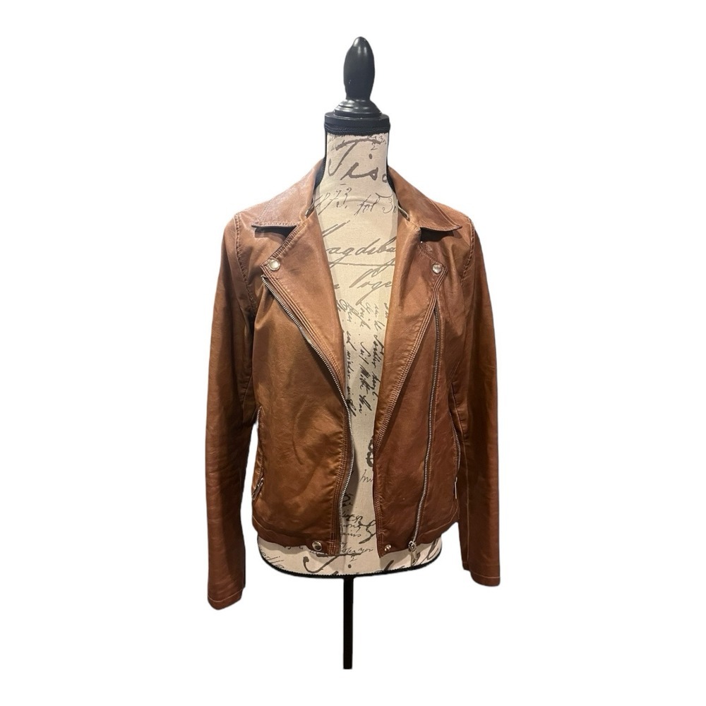 Blu Pepper Light Brown Tan Faux Vegan Leather Jacket Biker Style Size‎ Medium